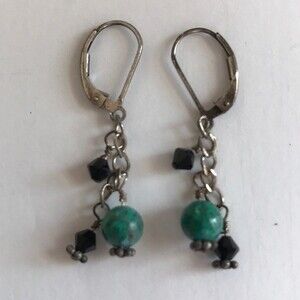 Vintage Handmade Chrysocolla Gemstone Sterling Silver Swarovski Lever Earrings